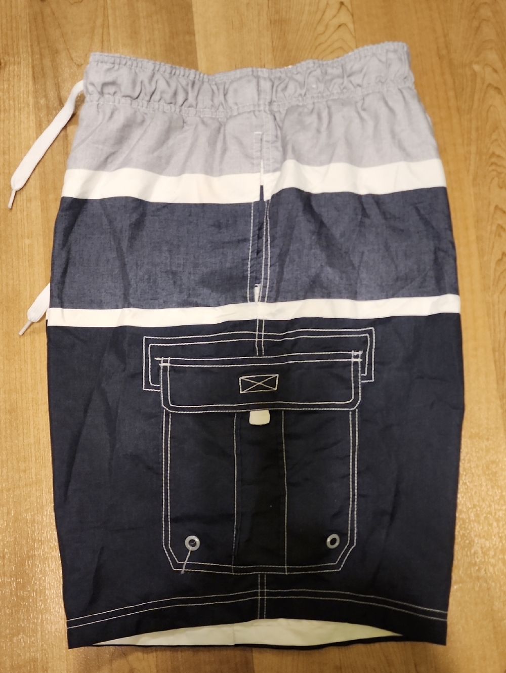 OP Men’s Black, Light Gray and White Striped Swim Trunks
